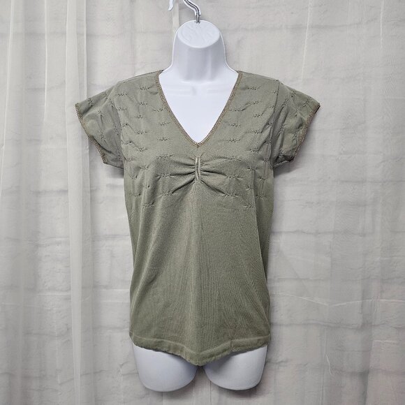 Vintage Olive Green Tee Top Y2K Fairy Twee Crochet Trim Ruched Ribbed Bodycon XL - Picture 1 of 11